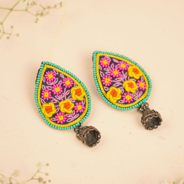 Hand Embroidered Beaded Multicolor Floral Earrings
