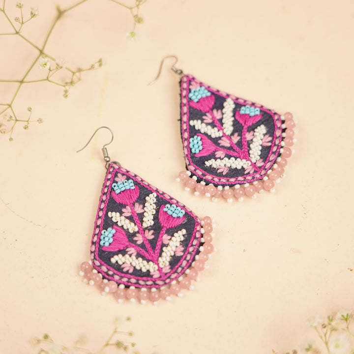 Hand Embroidered Beaded Pink Floral Earrings