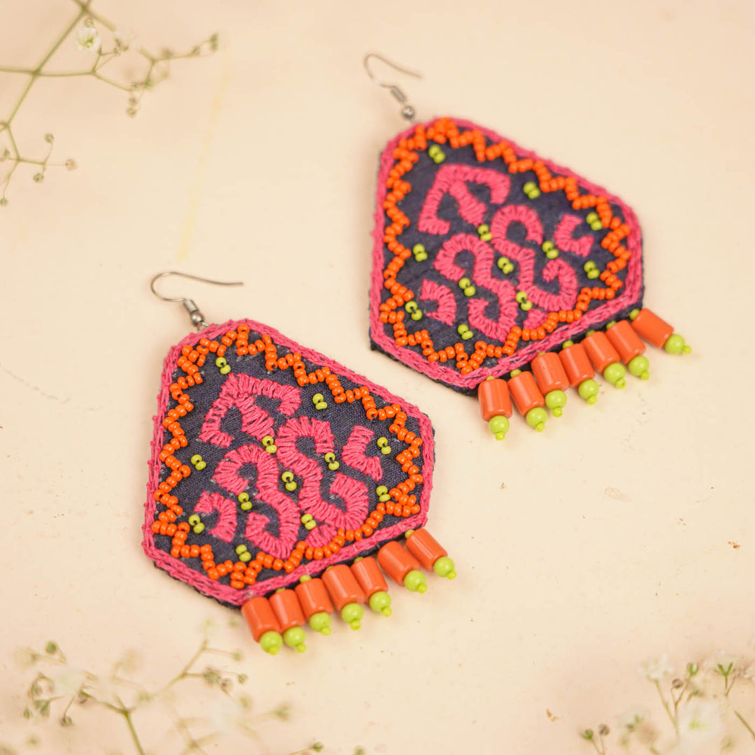 Hand Embroidered Beaded Pink & Orange Earrings
