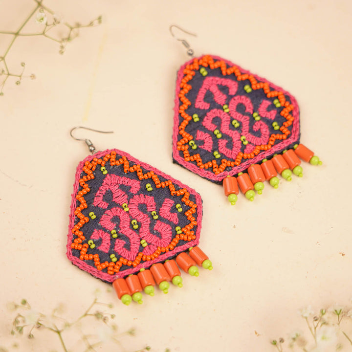 Hand Embroidered Beaded Pink & Orange Earrings