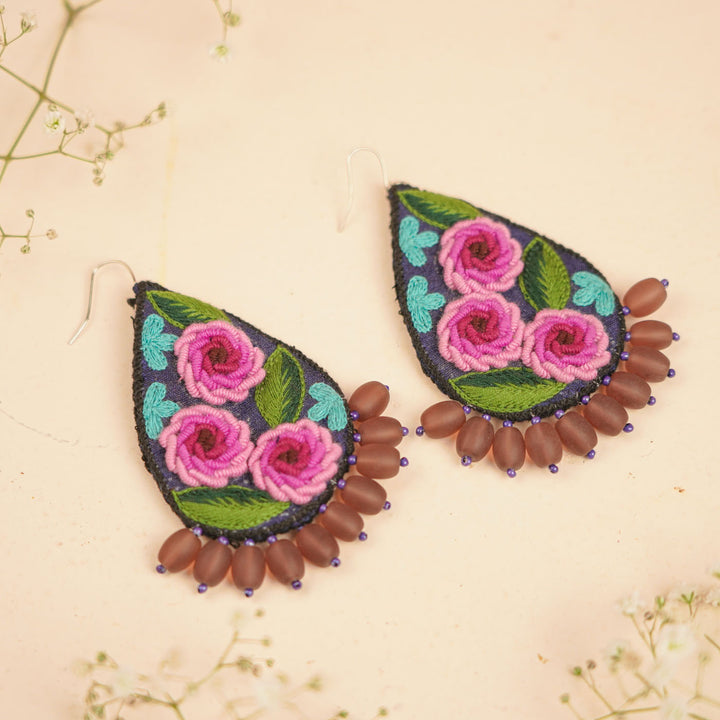 Hand Embroidered Beaded Rose Design Earrings