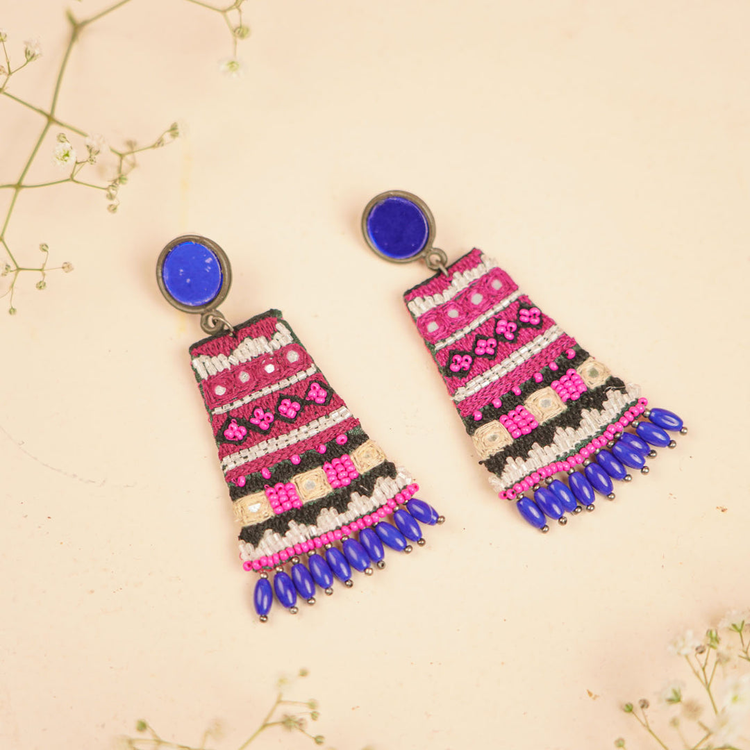 Hand Embroidered Beaded Pink Boho Earrings