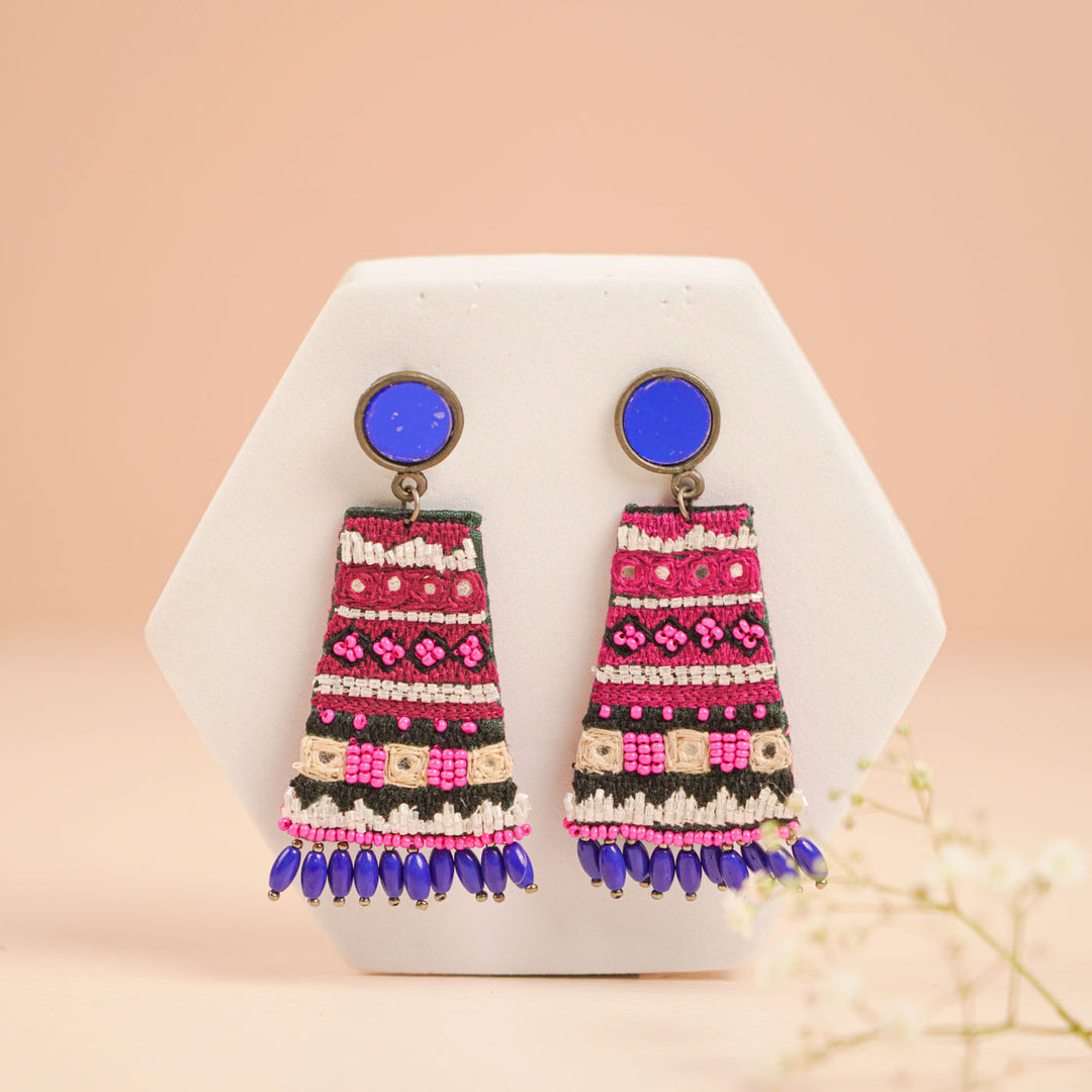 Hand Embroidered Beaded Pink Boho Earrings