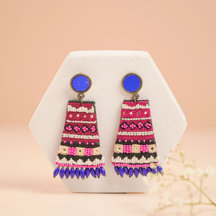Hand Embroidered Beaded Pink Boho Earrings