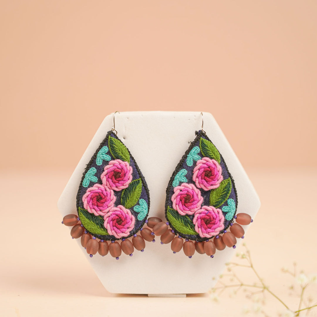 Hand Embroidered Beaded Rose Design Earrings
