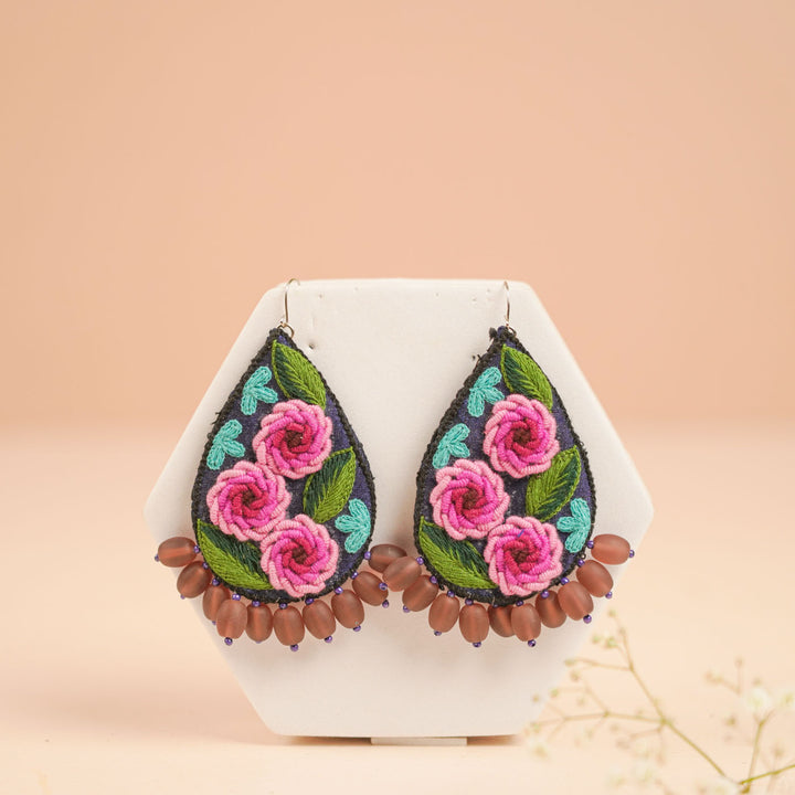 Hand Embroidered Beaded Rose Design Earrings