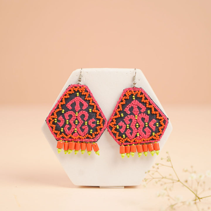 Hand Embroidered Beaded Pink & Orange Earrings