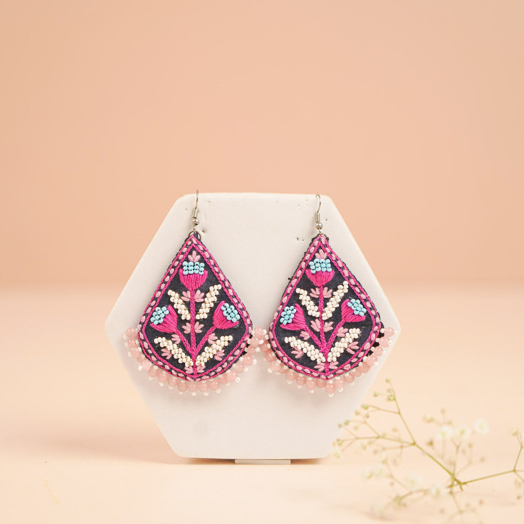 Hand Embroidered Beaded Pink Floral Earrings