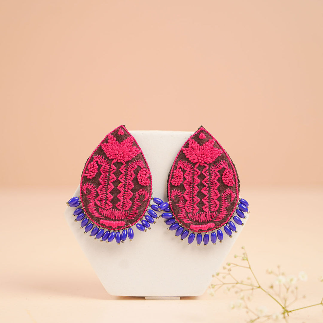 Hand Embroidered Beaded Pink & Blue Earrings