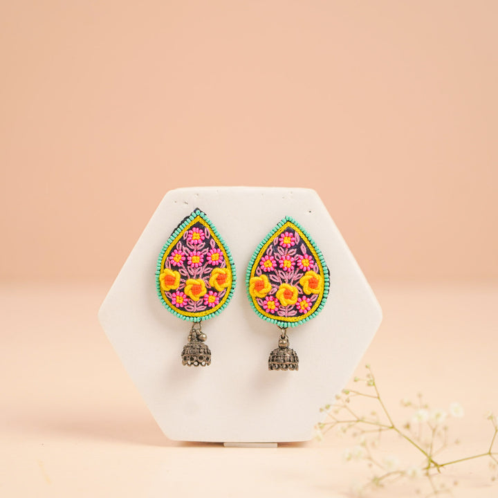 Hand Embroidered Beaded Multicolor Floral Earrings