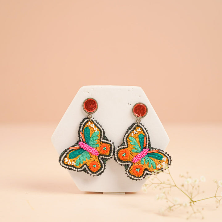 Hand Embroidered Beaded Butterfly Earrings