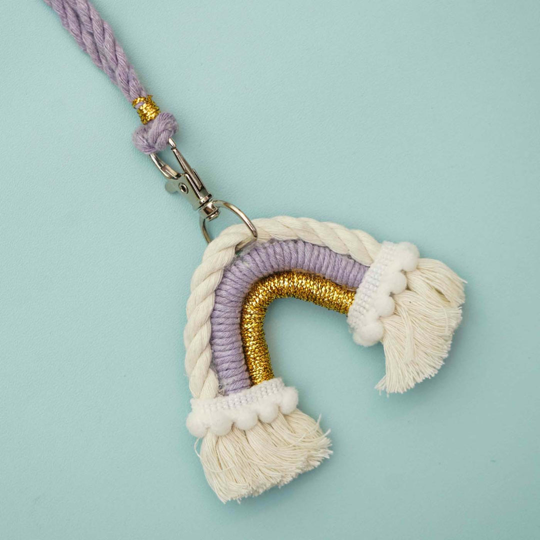 Handmade Macrame Rainbow Theme Cotton Kids Rakhi For Girls With Chocolates And Roli Chawal 1 - Close-up of Rainbow Keychain