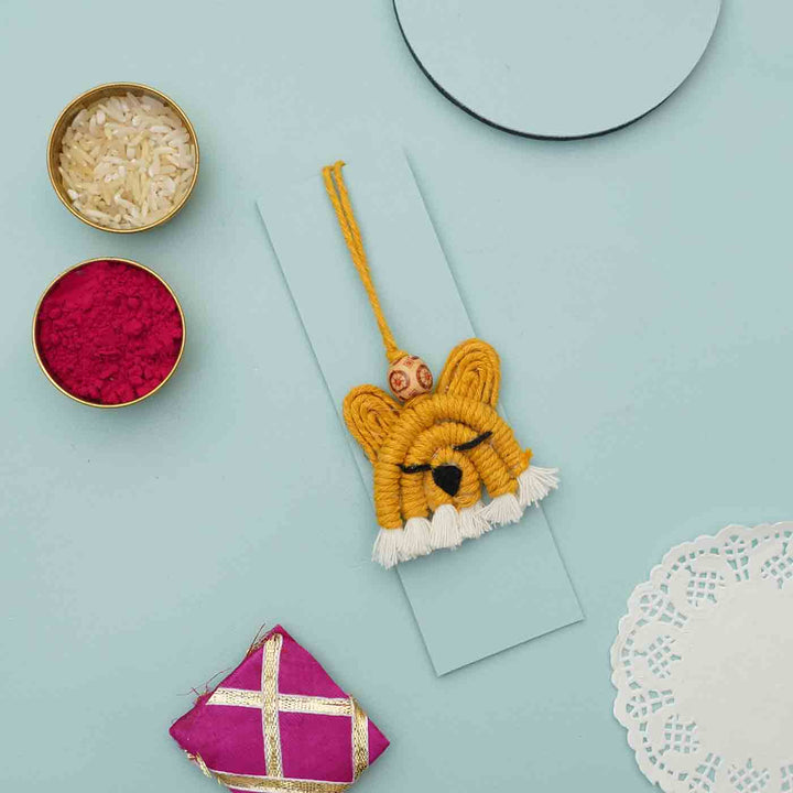 Handmade Macrame Tiger Design Cotton Kids Rakhi for Girls With Chocolates & Roli Chawal