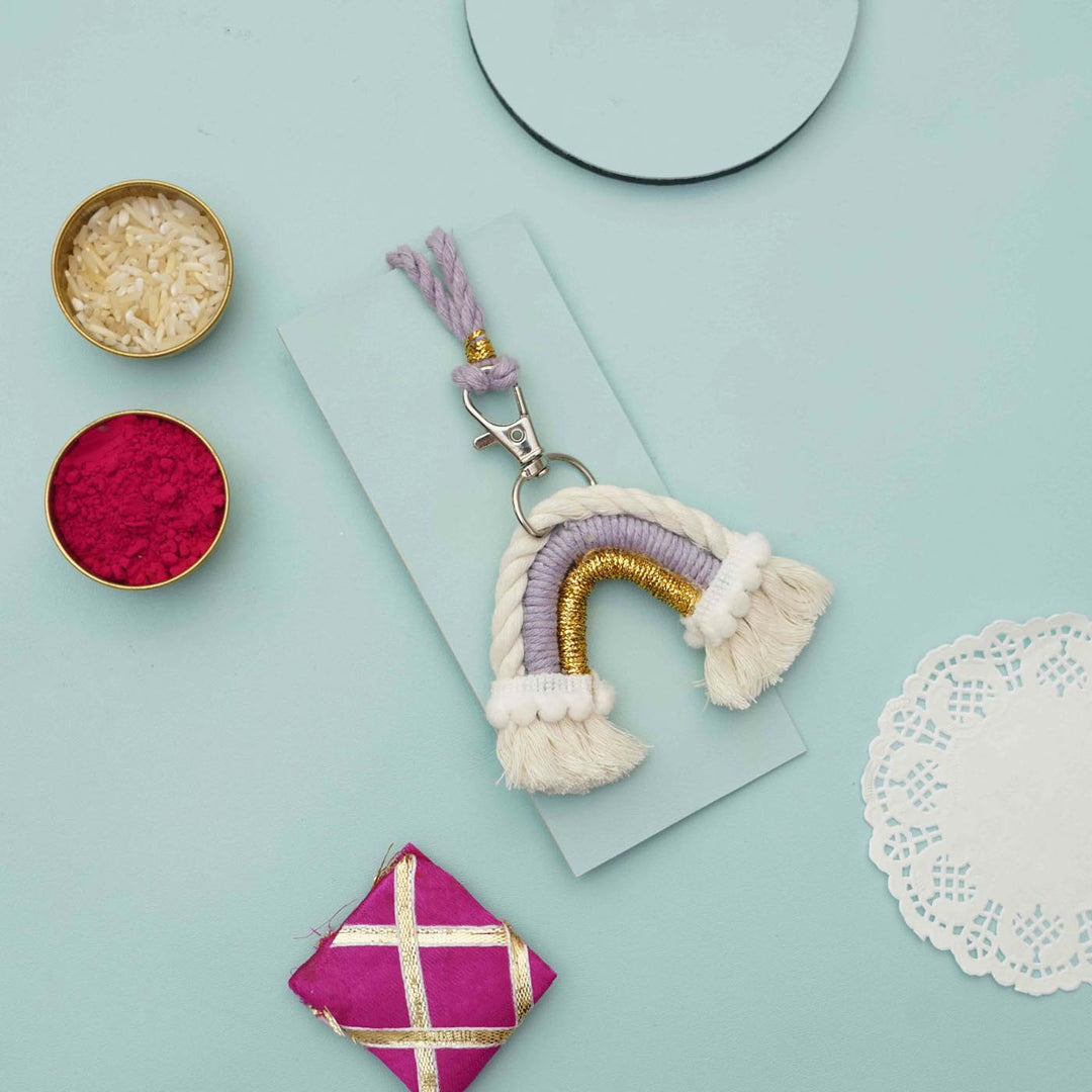 Handmade Macrame Rainbow Theme Cotton Kids Rakhi For Girls With Chocolates And Roli Chawal 1 - Keychain on Card with Decor