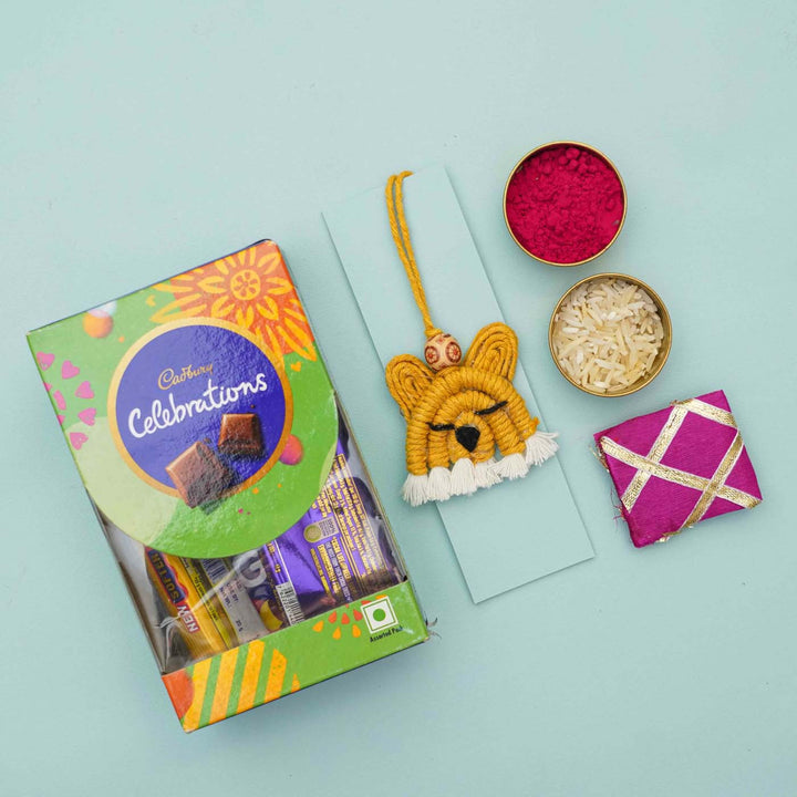 Handmade Macrame Tiger Design Cotton Kids Rakhi for Girls With Chocolates & Roli Chawal