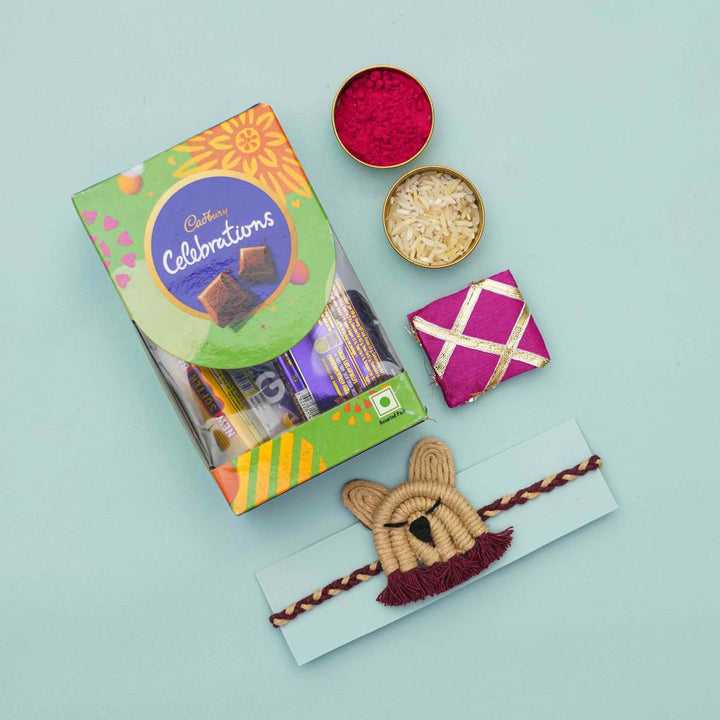 Handmade Macrame Brown Lion Design Cotton Kids Rakhi With Chocolates And Roli Chawal - Gift set with band and goodies