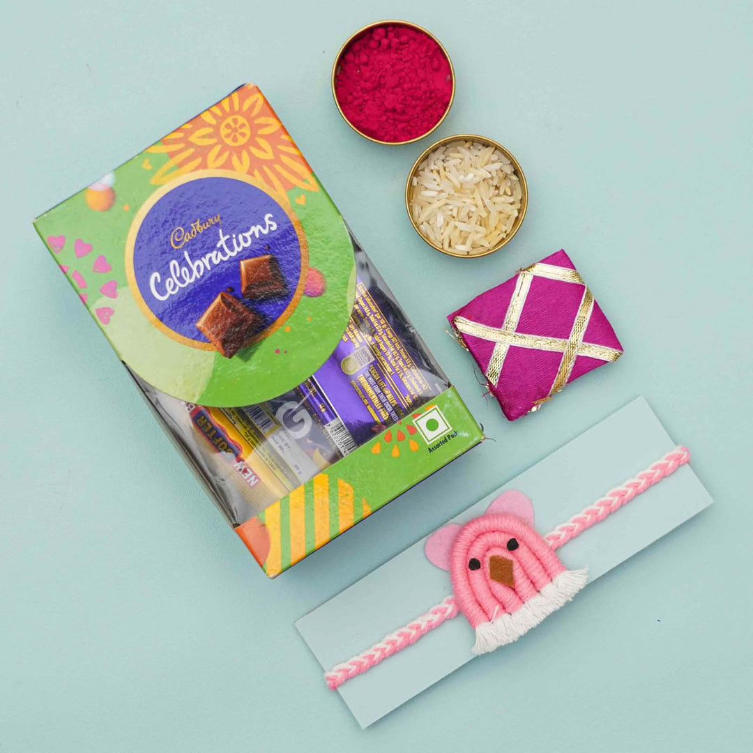 Handmade Macrame Pink Animal Design Cotton Kids Rakhi With Chocolates And Roli Chawal - Gift Packaging With Bracelet And Chocolates