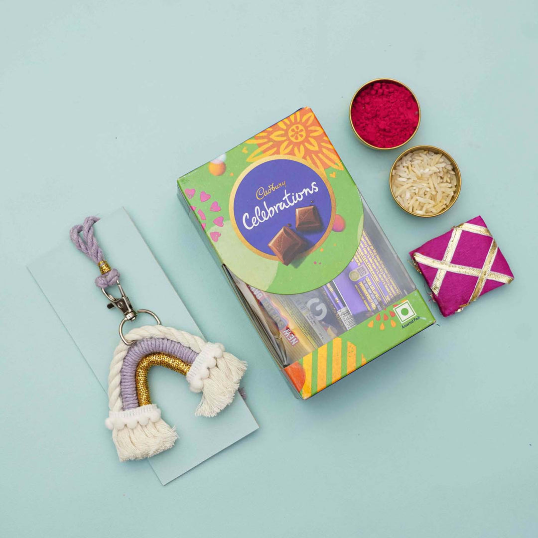 Handmade Macrame Rainbow Theme Cotton Kids Rakhi For Girls With Chocolates And Roli Chawal 1 - Keychain and Chocolate Gift Box