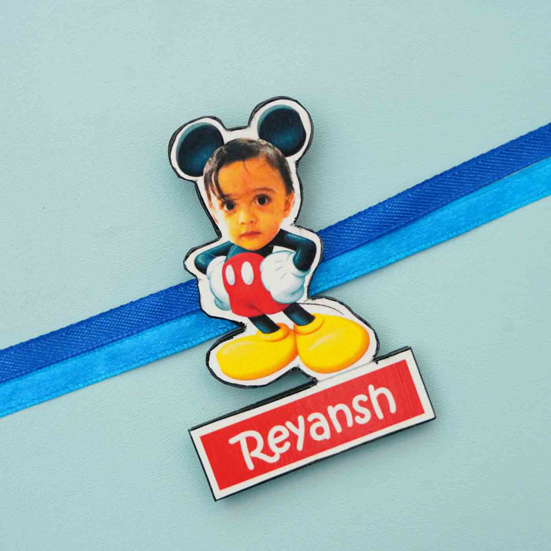 Photo Personalized Reusable X Large Micky Mouse Mdf Wood Rakhi With Chocolates And Roli Chawal - Name Personalization Example