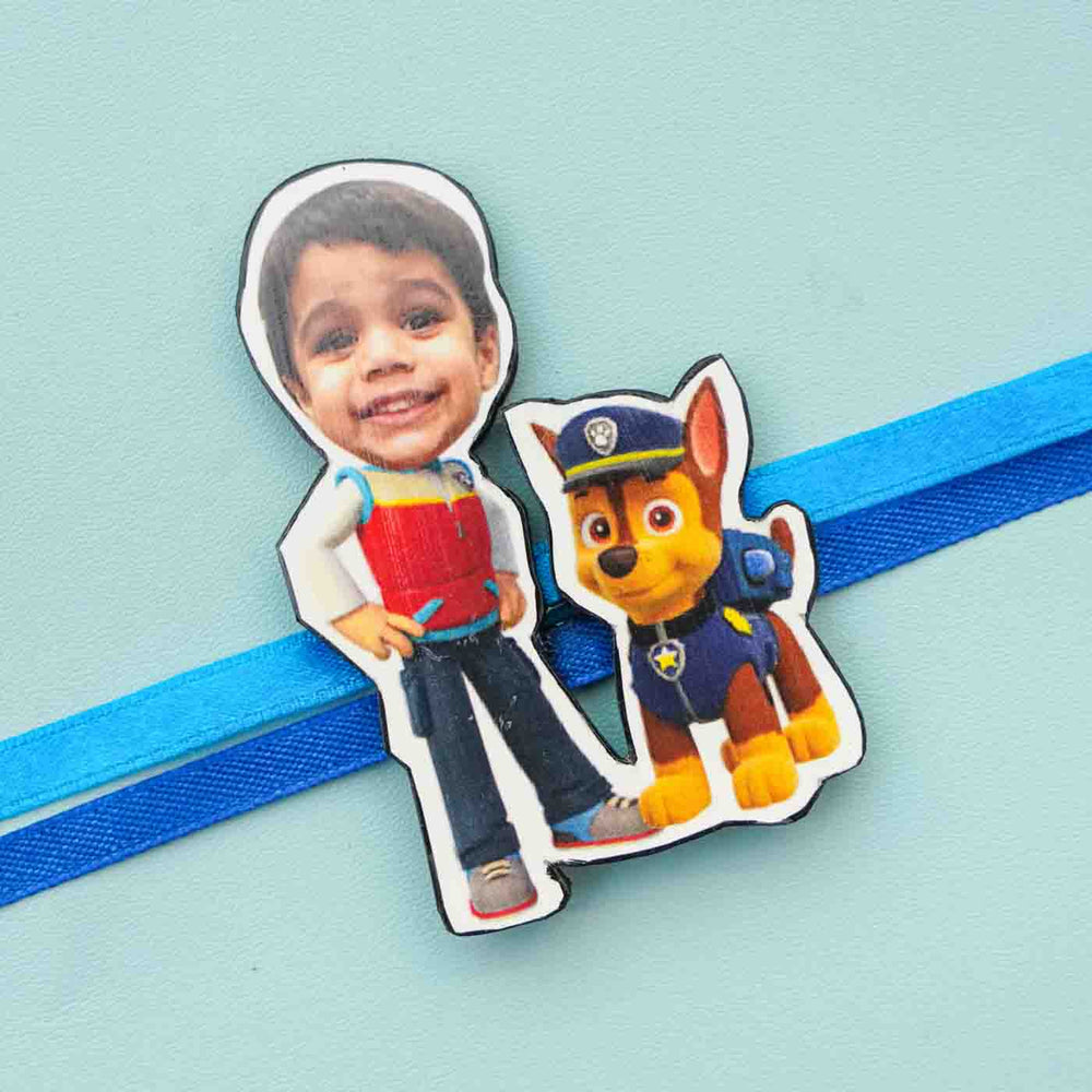 Photo Personalized Reusable X Large Paw Petrol Mdf Wood Rakhi With Chocolates And Roli Chawal - Close-up of personalized magnet