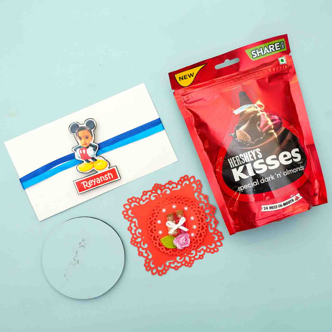 Photo Personalized Reusable X Large Micky Mouse Mdf Wood Rakhi With Chocolates And Roli Chawal - Gift Packaging Display Arrangement