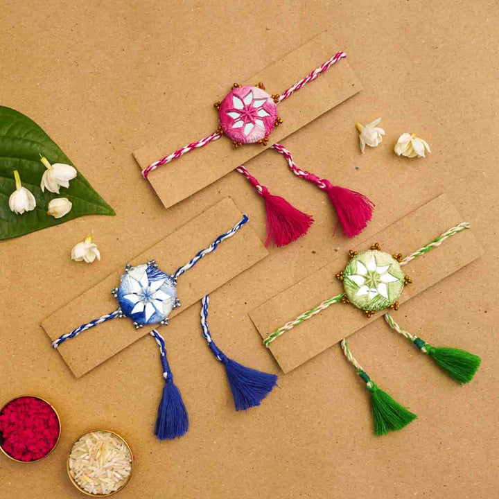 Handmade Mirror Work Kaanha Assorted Colours Cotton Rakhi  With Roli Chawal | Set of 3