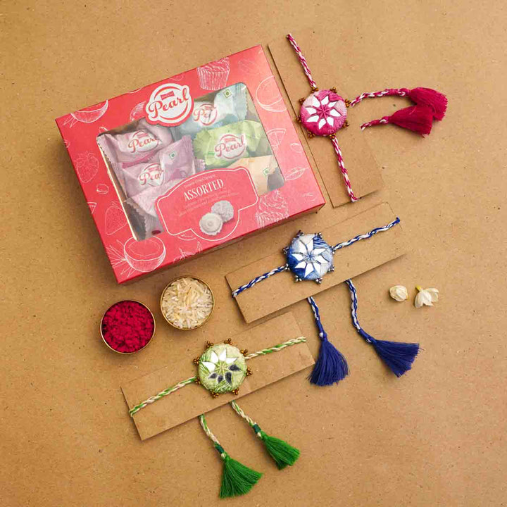 Handmade Mirror Work Kaanha Assorted Colours Cotton Rakhi  With Roli Chawal | Set of 3