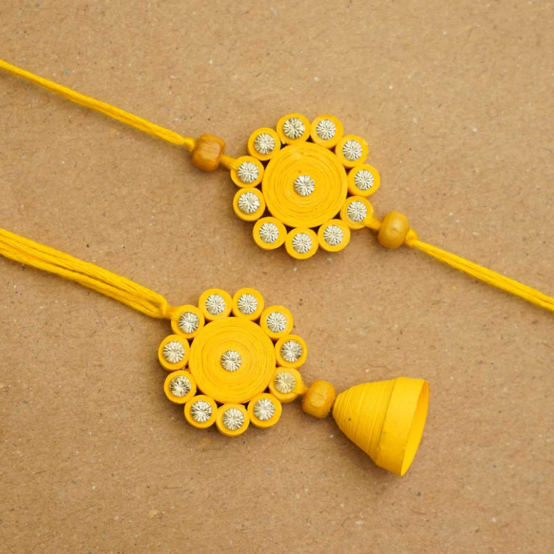 Handmade Ecofriendly Yellow Quilled Recycled Paper Bhaiya Bhabhi Rakhi With Roli Chawal