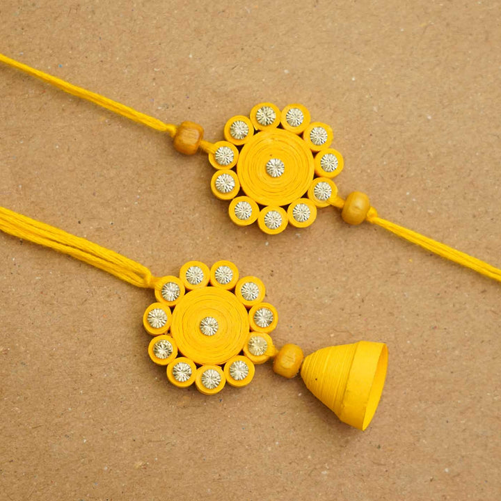 Handmade Ecofriendly Yellow Quilled Recycled Paper Bhaiya Bhabhi Rakhi With Roli Chawal