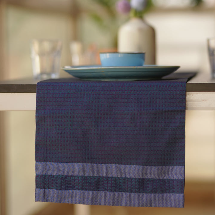 Handmade Blue Geometry Pattern Khunn Fabric Cotton Table Runner | 12 x 60 Inch