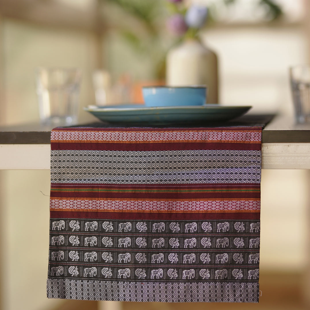 Handmade Black Elephant Design Khunn Fabric Cotton Table Runner | 12 x 60 Inch