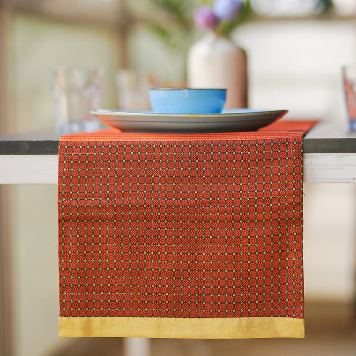 Handmade Earth Tones Geometry Pattern Khunn Fabric Cotton Table Runner | 12 x 60 Inch