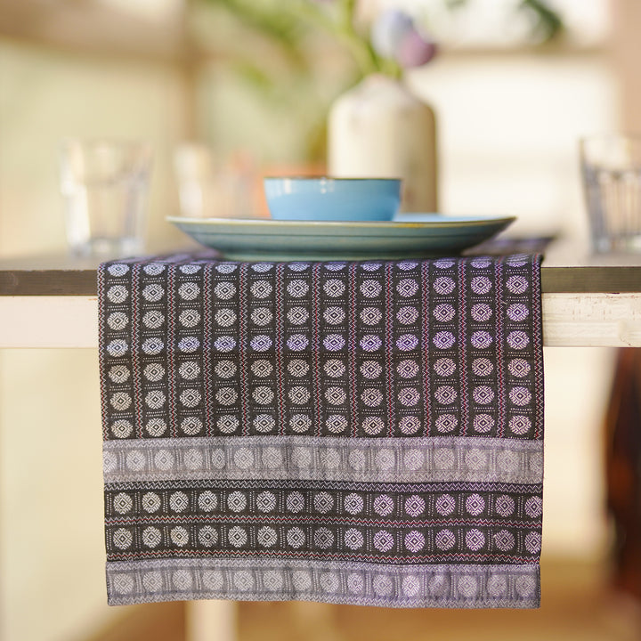Handmade Black Circular Floral Patterns Khunn Fabric Cotton Table Runner | 12 x 60 Inch