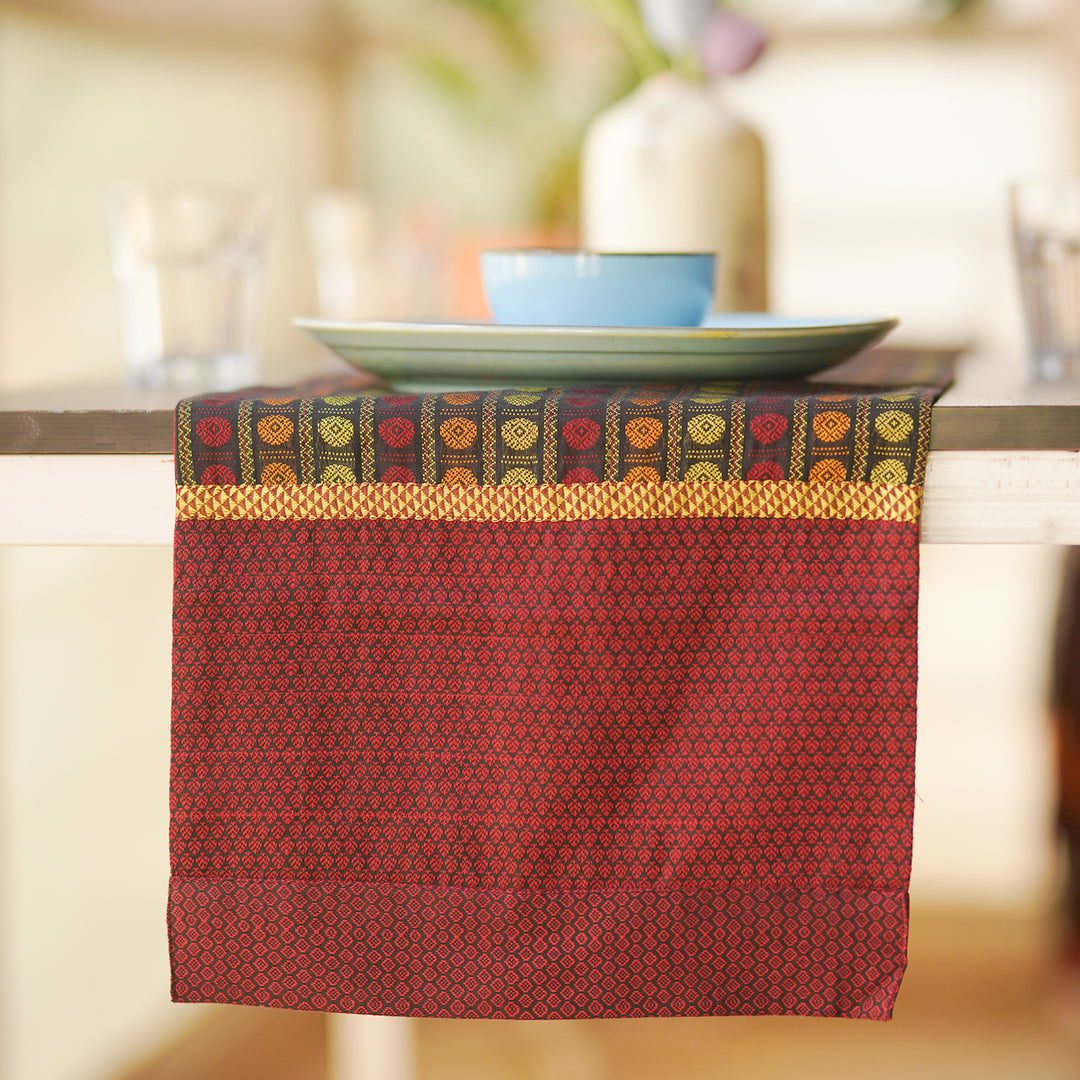 Handmade Colorful Rudraksha Design Khunn Fabric Cotton Table Runner | 13 x 60 Inch