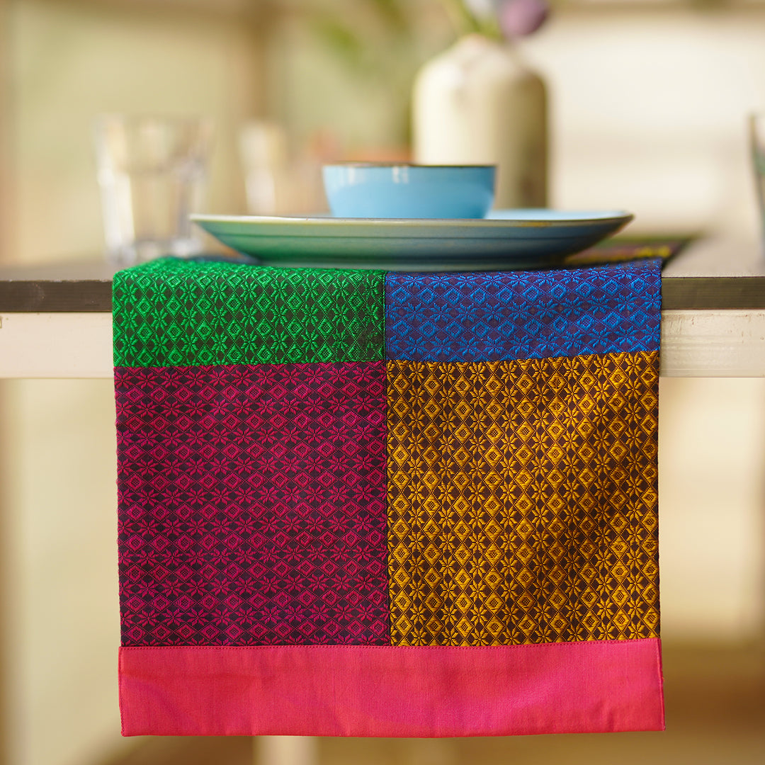 Handmade Multicolor Nava Rasa Design Khunn Fabric Cotton Table Runner | 12 x 60 Inch