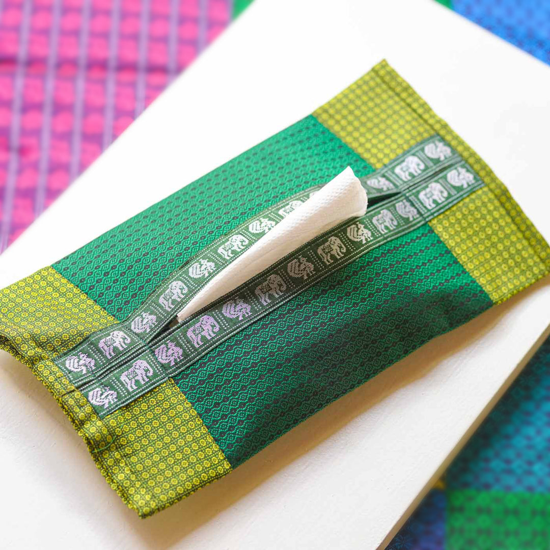 Handmade Green Elephant & Peacock Motif Khunn Fabric Cotton Tissue Box Cover