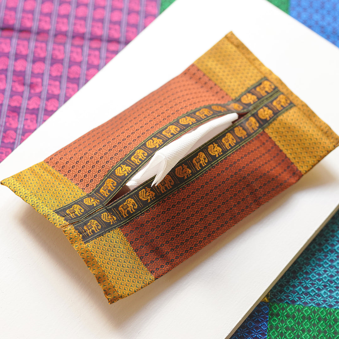 Handmade Red Elephant & Peacock Motif Khunn Fabric Cotton Tissue Box Cover