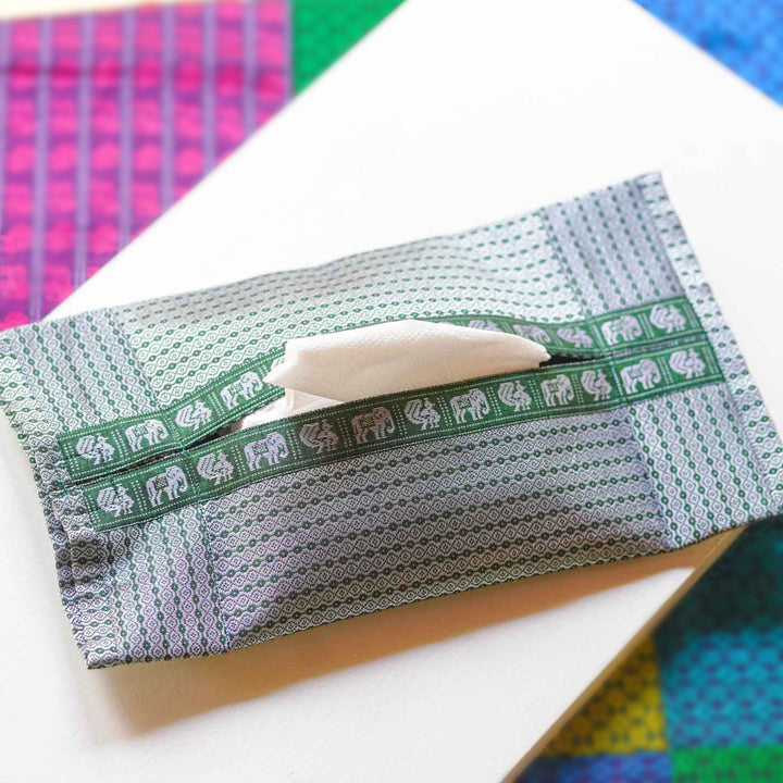 Handmade Grey Elephant & Peacock Motif Khunn Fabric Cotton Tissue Box Cover