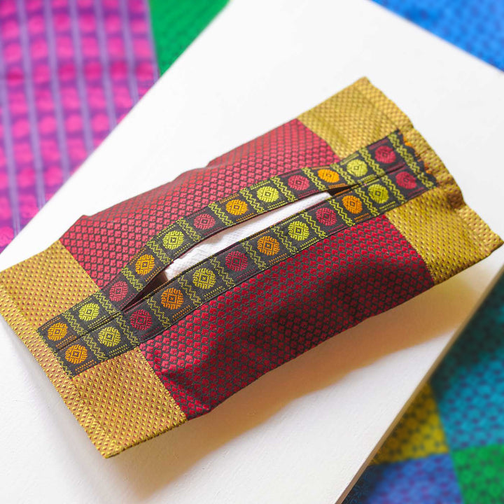 Handmade Red & Gold Rudraksha Design Khunn Fabric Cotton Tissue Box Cover