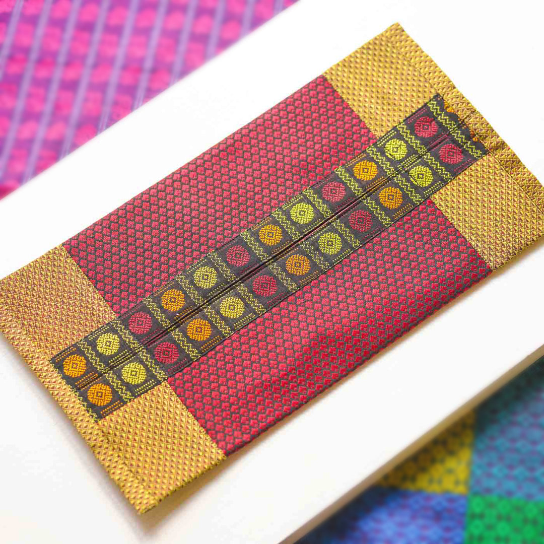 Handmade Red & Gold Rudraksha Design Khunn Fabric Cotton Tissue Box Cover