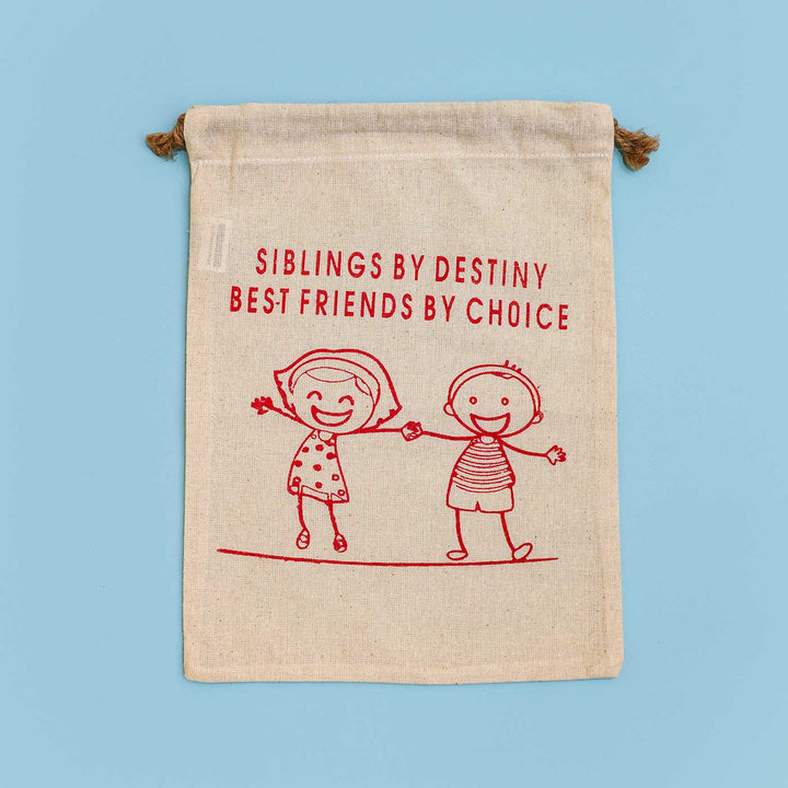 Eco Friendly Fabric Painting Diy Rakhi Hamper With Rice Roli 4 - Front View of Sibling Cotton Potli Bag