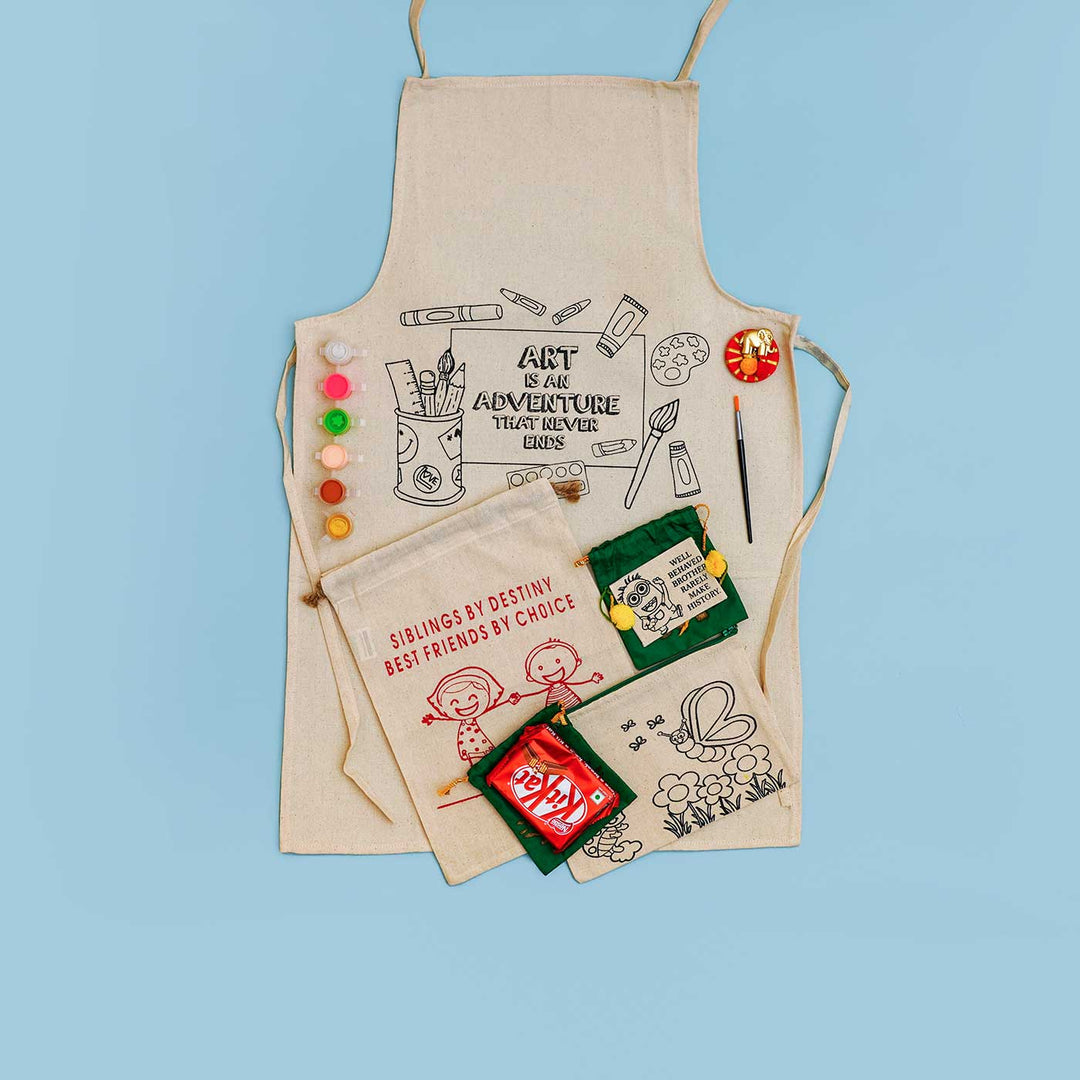 Eco Friendly Fabric Painting Diy Rakhi Hamper With Rice Roli 4 - Canvas Apron and Accessories Laid Out