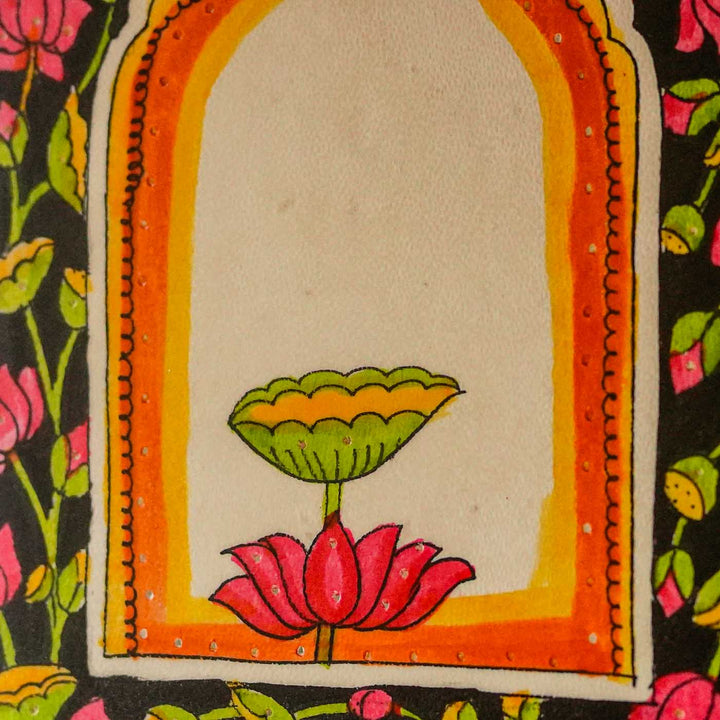 Hand Painted Lotus Tholu Bommalata Parchment Leather Hanging Lamp/Kandil - Black