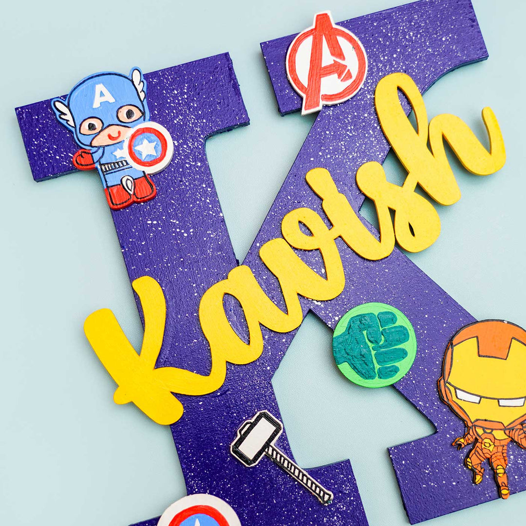 Hand Painted Personalised Kids Superhero Themed Monogram Nameplate