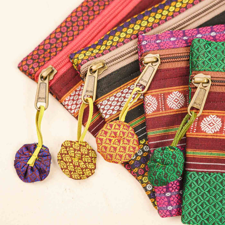 Assorted Cotton Khunn Purse With Floral Charm | Set Of 4