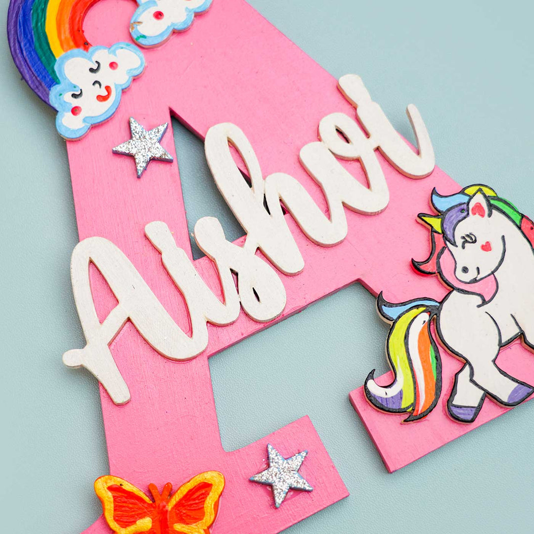 Hand Painted Personalised Kids Unicorn & Rainbow Themed Monogram Nameplate