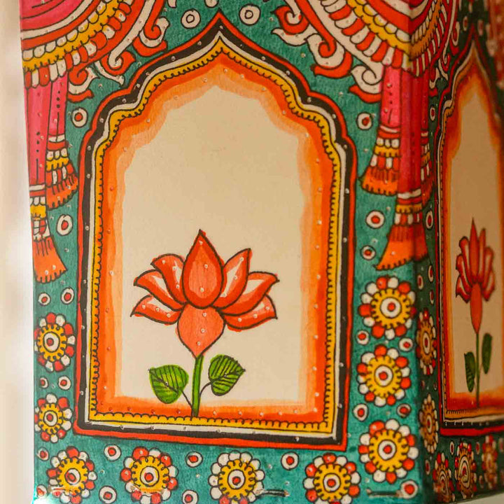 Hand Painted Lotus Tholu Bommalata Parchment Leather Hanging Lamp/Kandil - Teal