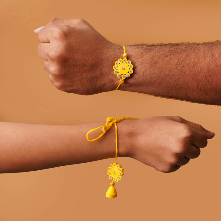 Handmade Ecofriendly Yellow Quilled Recycled Paper Bhaiya Bhabhi Rakhi With Roli Chawal