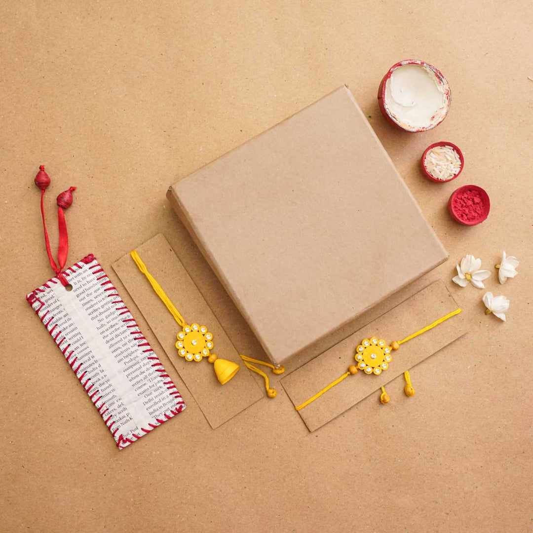 Handmade Ecofriendly Yellow Quilled Recycled Paper Bhaiya Bhabhi Rakhi With Roli Chawal