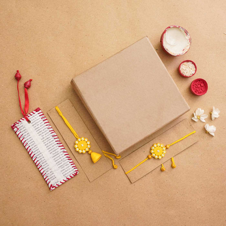 Handmade Ecofriendly Yellow Quilled Recycled Paper Bhaiya Bhabhi Rakhi With Roli Chawal